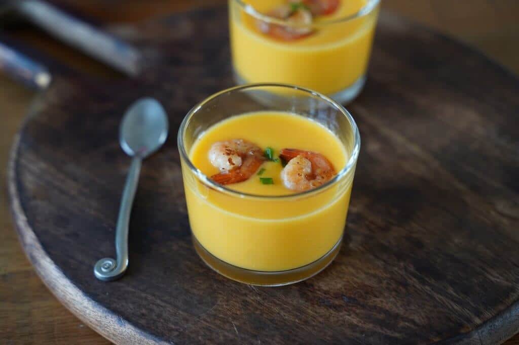 Verrine de potimarron et crevettes grillées