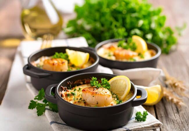 Cassolette de noix de Saint-Jacques gratinée au four, champignons et sauce normande Cassolette de noix de Saint-Jacques gratinée au four, champignons et sauce normande