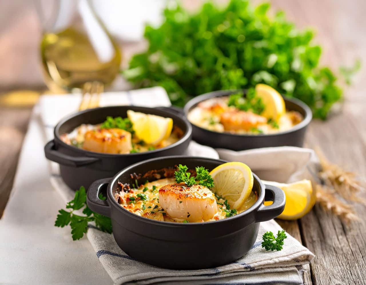 Cassolette de noix de Saint-Jacques gratinée au four champignons et sauce normande