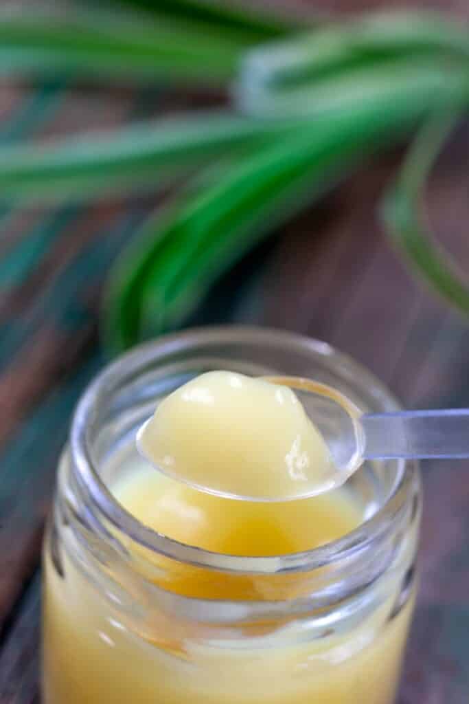 Macro royal jelly in the spoon above the pot | Aux Fourneaux Quels sont les bienfaits de la gelée royale super aliment