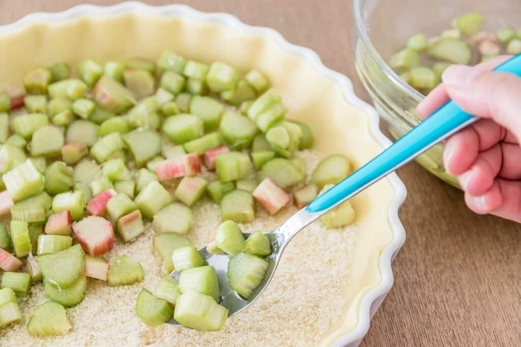 Rhubarbe déposée sur une tarte | Aux Fourneaux Tarte à la rhubarbe traditionnelle recette façon grand-mère simple et facile