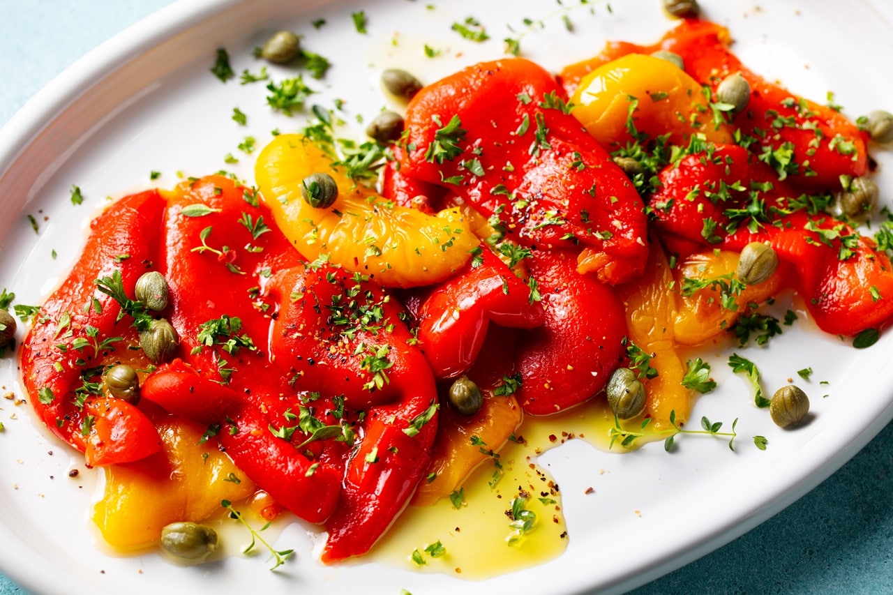 Poivrons grillés marinés à l’italienne recette à l’ail et à l’huile d’olive