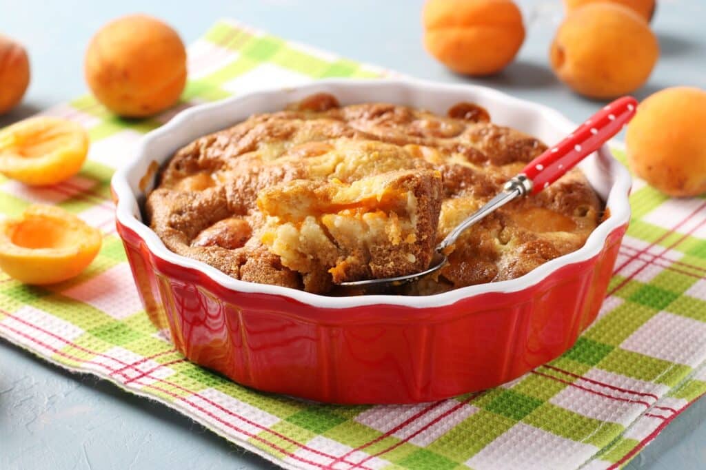 Clafoutis with apricots is a delicious French cuisine dessert Close-up Horizontal format | Aux Fourneaux Clafoutis aux abricots facile et rapide, prêt en 15 minutes